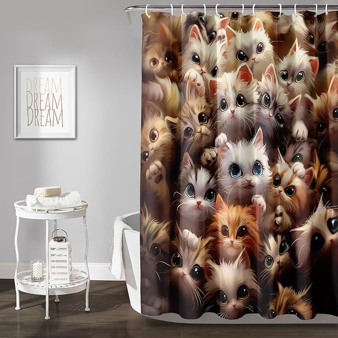 AILONEN Kawaii Cat Shower Curtain for Kids Boys,Lovely Hairy Cat Fabric Shower Curtains for Bathroom,Cute Animal Kittens Polyester Cloth Bath Curtain Set, 72" W*72" H