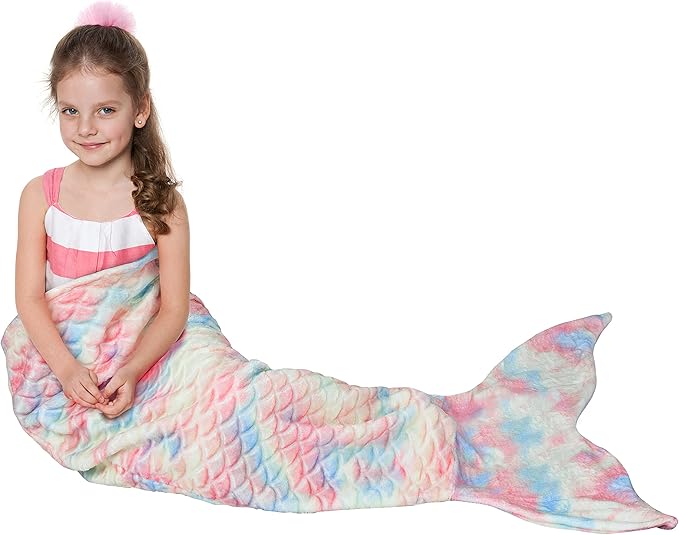 Catalonia Kids Mermaid Tail Blanket, Super Soft Plush Flannel Sleeping Snuggle Blanket for Girls, Cotton Candy, Fish Scale Pattern, Mermaid Gifts for Girls Birthday
