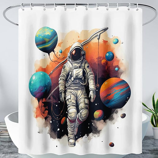 AILONEN Astronaut Shower Curtain for Bathroom,Planet Spaceman Bath Curtain for Kids Boys Teens,Universe Polyester Waterproof with 12 Plastic Hooks 48" W*72" H