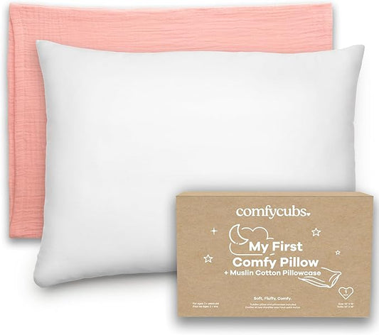Comfy Cubs Toddler Pillow with Soft Muslin Pillowcase, 13"x18", Blush - Kids Pillow for Sleeping & Travel - Adorable & Comfortable Small Pillow - Kids Travel Pillow with Breathable Microfiber Fill