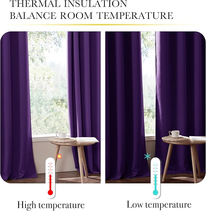 NICETOWN Room Warming 100% Blackout Curtain Panels, Same Color Liner Curtains for Kitchen Room, Noise Reducing and Cold Blocking Drapes for Windows (Set of 2, Royal Purple, 42" Wide by 63" Long)