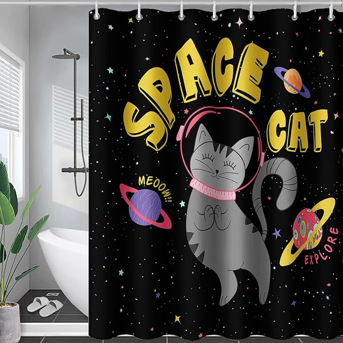 AILONEN Kawaii Cat Shower Curtains,Galaxy Aerospace Cat Bath Curtain for Bathroom,Outer Space Polyester Waterproof with 12 Plastic Hooks 72" W*72" H