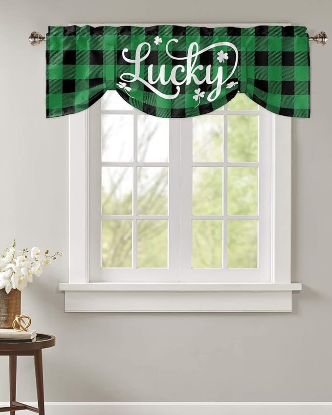 St. Patrick's Day Buffalo Plaid Blackout Tie Up Valance Curtains for Kitchen Windows Lucky Shamrocks Clover Window Toppers Balloon Shades for Living Room/Bathroom/Bedroom,1 Panel, 42" X 18",Green