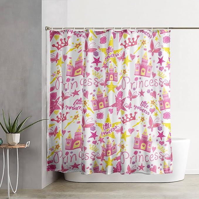 AILONEN Princess Castle Shower Curtain,Cartoon Butterfly and Rose Bathroom Shower Curtain for Girls Boys Kids Teens, 72" W*84" H Pink Glitter Star Theme Bathroom Decor