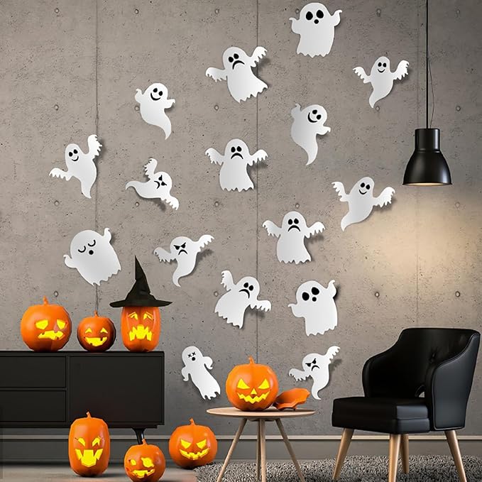 Halloween Wall Stickers 21Pcs Ghost Wall Decor 3D Self Adhesive Halloween Wall Decals Cute White Ghost Wall Decorations Reusable Window Stickers for Halloween Party Home Room Art DIY Accessories