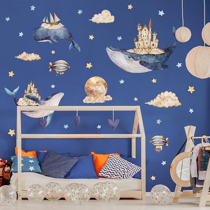 Cartoon Animals Wall Stickers for Kids Bedroom Nursery, Whale Wall Decals, Blue