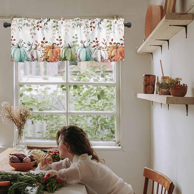 Fall Thanksgiving Kitchen Curtains Valances for Windows Autumn Pumpkins Eucalyptus Leaves Rod Pocket Window Treatment for Kitchen /Living Room/Bedroom/ Bathroom, 42" X 18", Blue Sage Green Orange