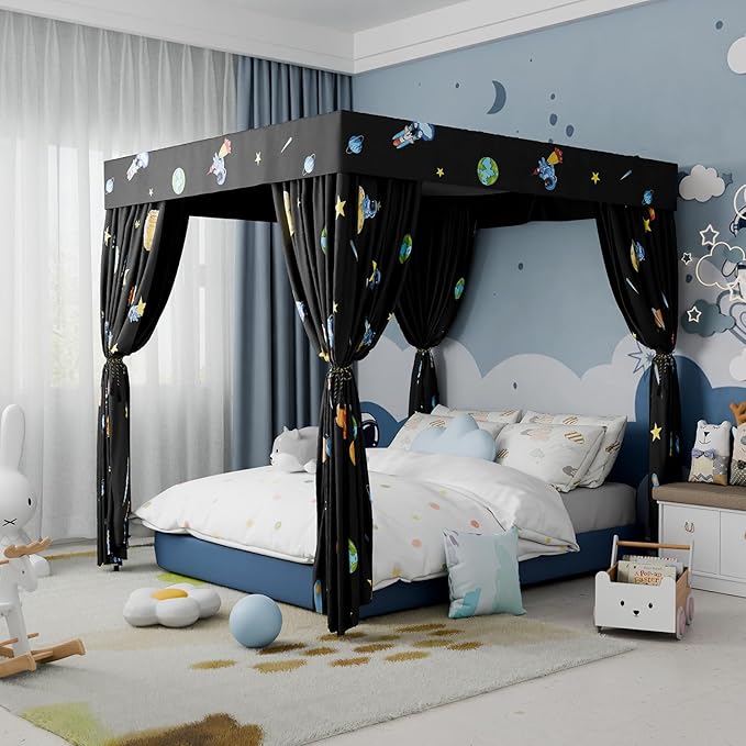 Hvqic Black Canopy Bed Curtains - 4 Corner Post Bed Curtains Twin Bed Curtains Lightproof Drapes Bed Canopy for Adults & Girls Bedroom Decoration(Twin,Black-Planet)