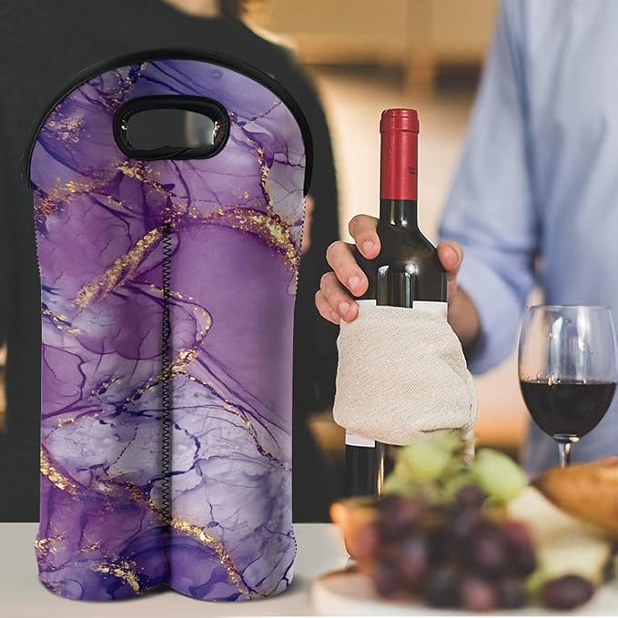 doginthehole Purple Marble Wine Bottle Bags for 2 Wine Bottles, Water Bottle Holder Neoprene Wine Carrier Tote Bag with Handle for Wedding, Birthday, and Dinner Party Festival Favors