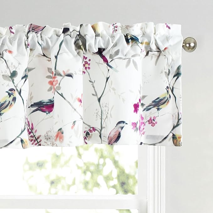 Leeva Valances for Kitchen Windows, Birds Print Vintage Pattern Rod Pocket Window Treatment for Door Head Living Room, 52 x 12, Purple, One Panel