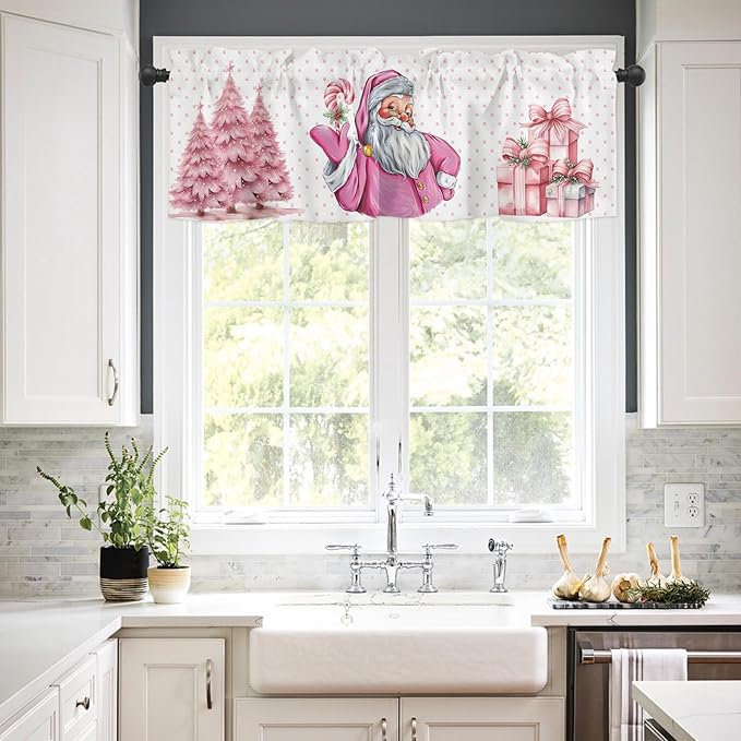 Pink Christmas Window Valance for Bedroom Living Room, Funny Santa Claus Window Curtain for Kitchen Bathroom, Pink Christmas Window Valance Rod Pocket Window Treatment, 54" W x 18" L