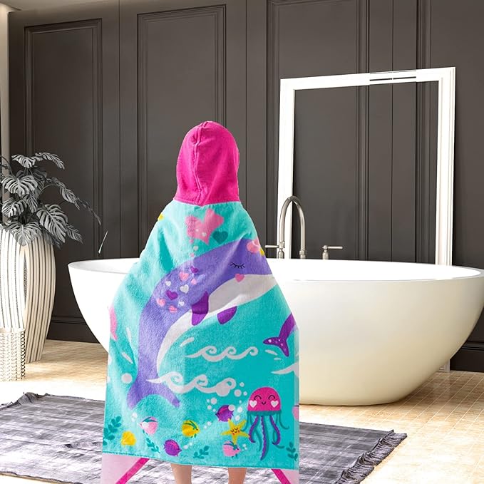VOOVA & MOVAS Kids Hooded Beach Towels (3-10Years) | 100% Cotton | Large Soft Thick Absorbent Wrap Blanket | Ideal for Beach, Pool, Bath | Pink Whale