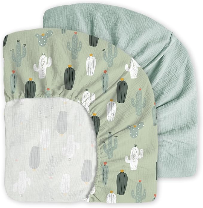 Muslin Crib Sheets, 2pk Neutral Fitted Baby Toddler Bed Sheets for Standard Crib Mattress & Toddler Bed Mattress, 28 x 52 inches, Blossom Cactus