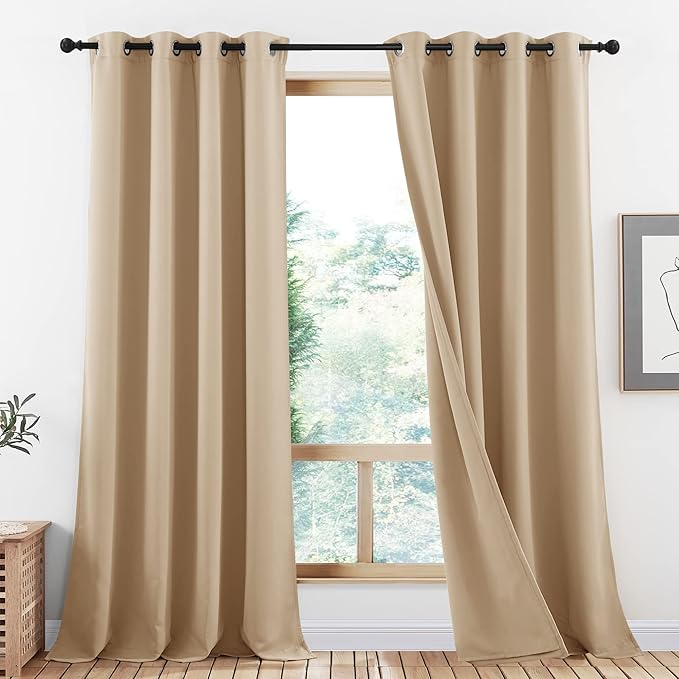 NICETOWN Thermal Insulated 100% Blackout Curtains, Noise Reducing Performance Drapes with Lining, Full Light Blocking Drapery Panels for Patio (Biscotti Beige, 1 Pair, 52 inches x 95 inches)