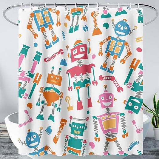 AILONEN Robots Shower Curtain,Modern Cartoon Super Robot Pattern Bathroom Decor for Boys Girls Teens Kids, 60" W*72" H Watercolor Robot Shower Curtain Set