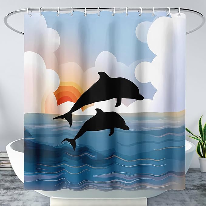 AILONEN Cartoon Dolphin Shower Curtain,Jumping Dolphin Bathroom Curtains for Kids,Girls,Sunset by The Sea Theme Shower Curtains Set with Hooks for Bathroom,60" W*72" H