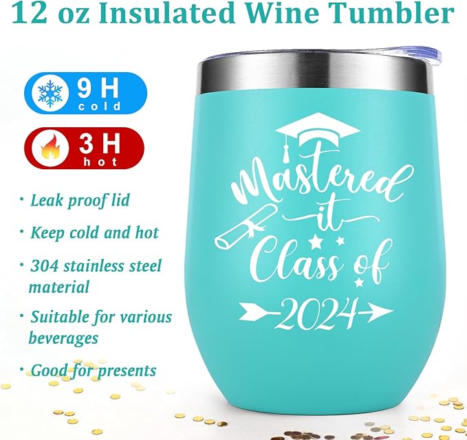 Lifecapido Graduation Gifts, Mastered it Class of 2024 12oz Wine Tumbler with Keychain, 2024 High School College Masters Degree PHD Graduation Gifts for Her Graduates Friends Classmates, Aqua Blue