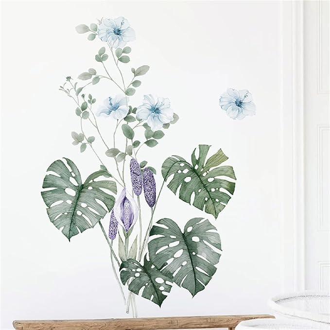 Tropical Leaf Green Leaves Wall Decals Monstera Deliciosa Liebm Palm Tree Leaf Plants Wall Stickers Bedroom Living Room TV Wall Door Decor Murals (Tropical Leaf Green 5)