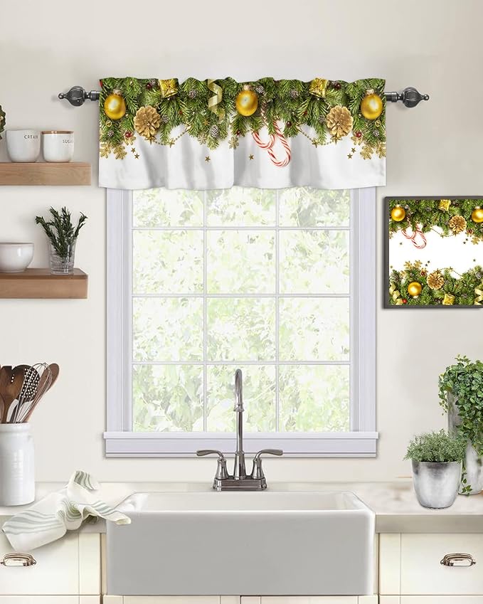 Christmas Kitchen Curtains Valances for Windows Pine Cones Rod Pocket Window Treatment for Kitchen/Living Room/Bedroom/Bathroom,42" X 12" -1 Panel, Golden Ornament Balls