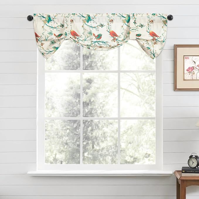 Leeva Branch and Birds Print Tie Up Curtains Valances for Windows Porch, Thermal Insulated Rod Pocket Green Spring Style Small Curtains and Drapes for Kids' Room, One Panel, 52 x 18