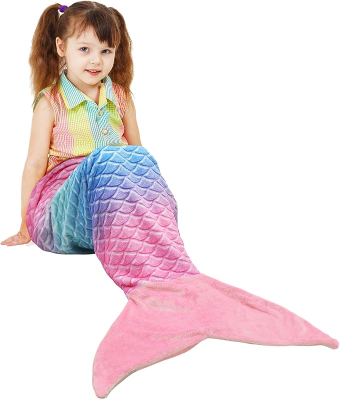 Catalonia Kids Mermaid Tail Blanket, Super Soft Plush Flannel Sleeping Snuggle Blanket for Girls, Rainbow Ombre, Birthday Gift for Daughter