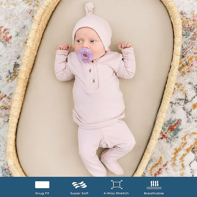 GRSSDER Stretchy Ultra Soft Fitted Bassinet Sheet 2 Pack, Universal Fit for Bassinets Baby Cradle Moses Basket Oval Rectangle Mattress Safe and Snug, Jersey Bassinet Sheets for Girls, Cream/Beige