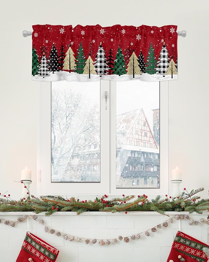 Red Merry Christmas Valance Curtains for Kitchen Windows Green Christmas Tree Rod Pocket Window Treatment Toppers for Kitchen/Living Room/Bedroom/Bathroom, 42" X 12", White Snow Forest Winter
