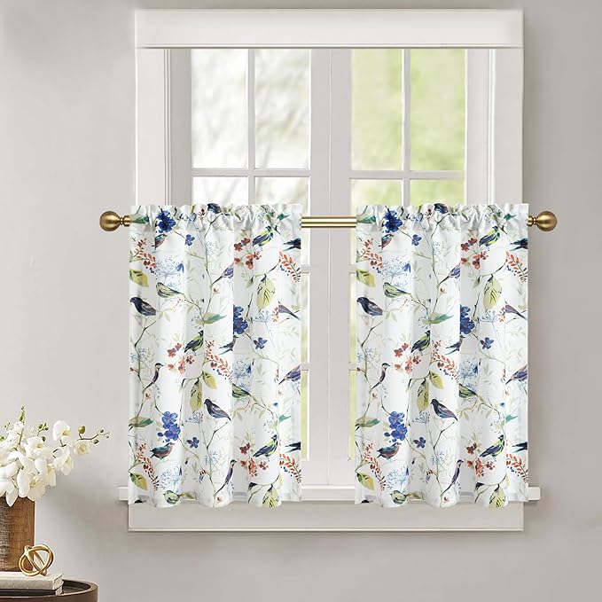 Leeva Farmhouse Short Curtains for Windows, Elegant Blue Birds Linen Textured Curtain Tiers for Bathroom Living Room Cafe, 2 Panels Set, 29 x 36 Inches