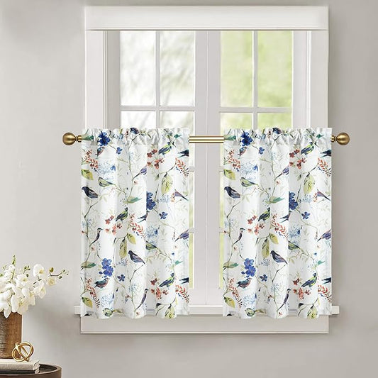 Leeva Farmhouse Short Curtains for Windows, Elegant Blue Birds Linen Textured Curtain Tiers for Bathroom Living Room Cafe, 2 Panels Set, 29 x 36 Inches