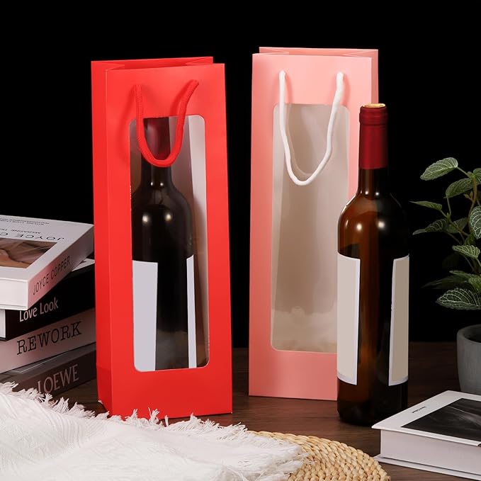 uxcell Wine Bags, 20pcs 4.92"x3.35"x14.2" Wine Gift Bags with Rope Handles, Paper Wine Tote Bag with Clear Window for Wedding Birthday Christmas Party Supplies, White Orange