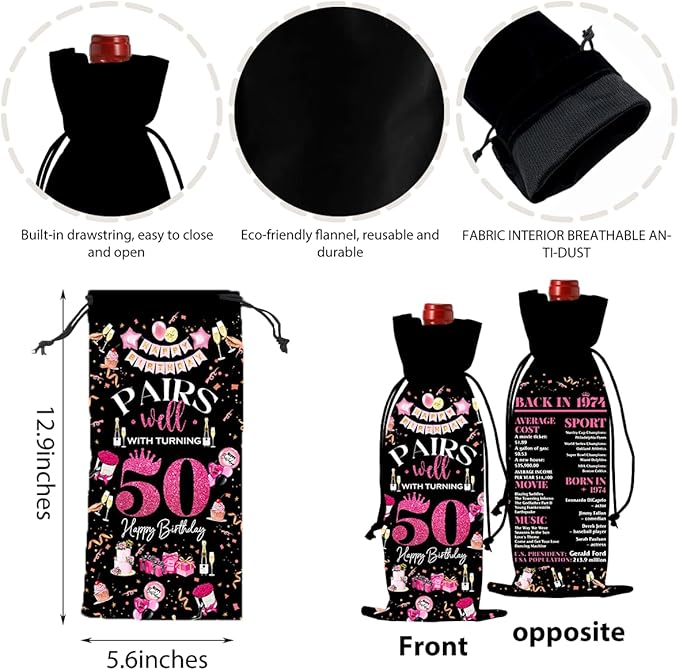 50th Birthday Gifts for Her Him Wine Bag, 50 Year Old Birthday Gifts for Women Men, 1974 Birthday Gifts for Women Men, Happy 50 Year Old Birthday Party Decorations for Women Men (Black Pink)