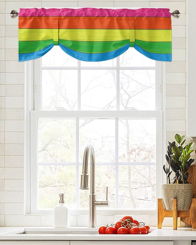 Farmhouse Blackout Tie Up Valance Curtains for Kitchen Windows,Rainbow Retro Rustic Barn Wood Texture Window Toppers Balloon Shades for Living Room/Bathroom/Bedroom,1 Panel,54" X 18" -1 Panel