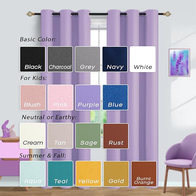Mrs.Naturall Light Purple Curtains for Teen Girl Room Decor 84 Inch Length 2 Panels Set Blackout Lavender Curtains for Bedroom Girls Nursery Lilac 42x84 Inches Long
