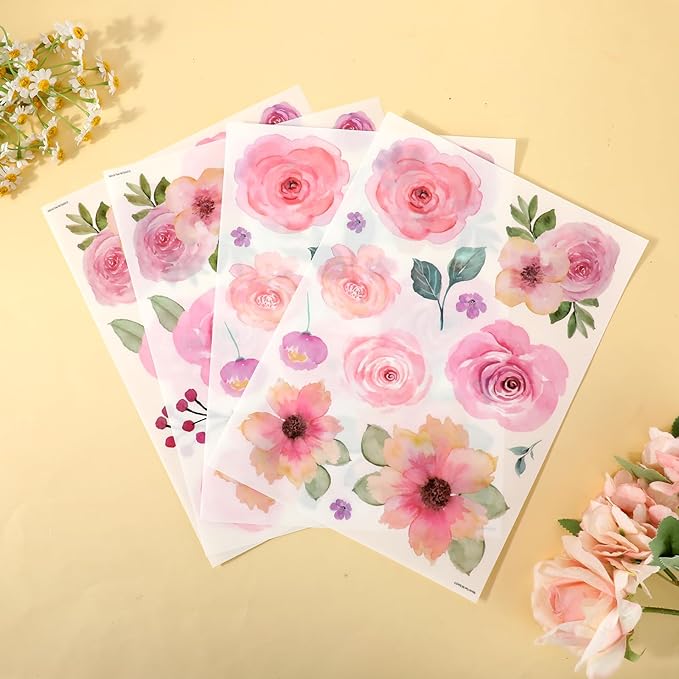 60pcs Pink Flower Wall Sticker Watercolor PVC Peel and Stick Wall Decals Cute Peony Floral and Leaves Pastel Flower Decor for Kids Bedroom Living Room Baby Nursery Kindergarten