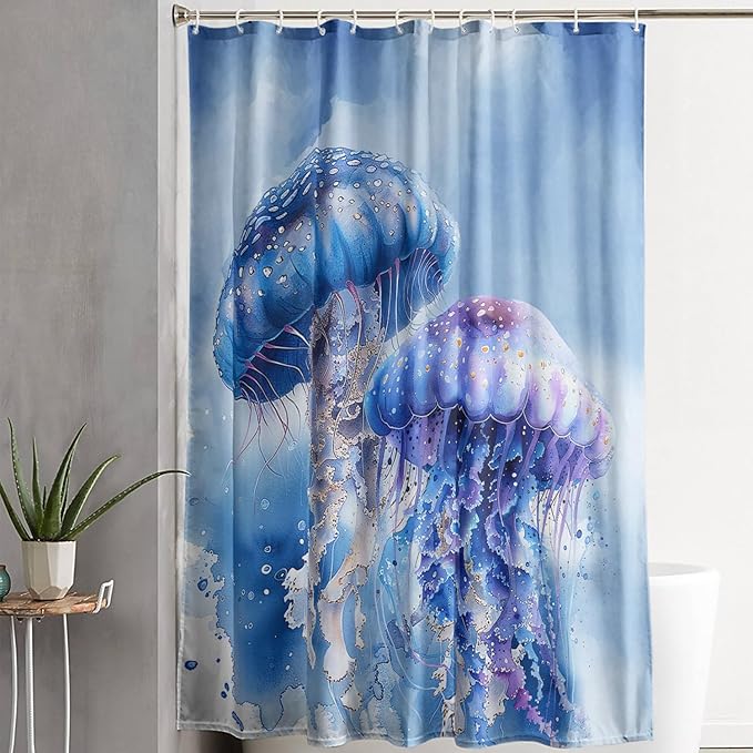 AILONEN 3D Jellyfish Shower Curtain,Beautiful Jellyfish Shower Curtain for Bathroom,Watercolor Blue Ocean Waterproof Fabric Shower Curtain Set with Hooks,60" W*72" H