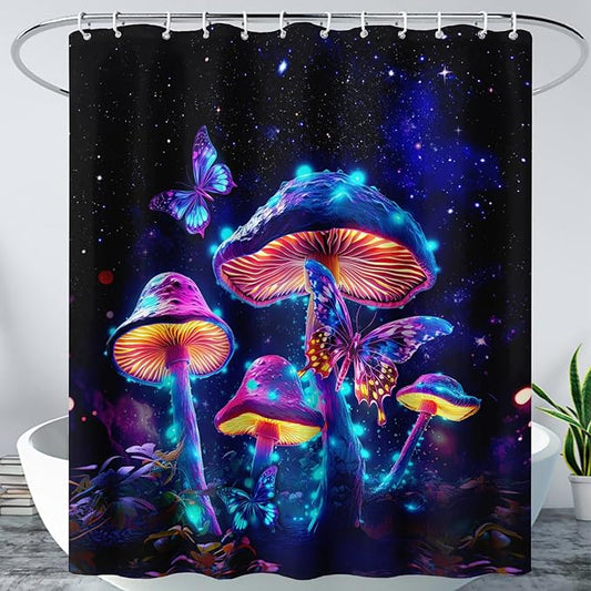 AILONEN Magic Mushroom Shower Curtain for Kids Girls,Glowing Mushrooms and Starry Night Waterproof Fabric Shower Curtain for Bathroom,Butterfly Plants Shower Curtain Set with Hooks,36" W*72" H