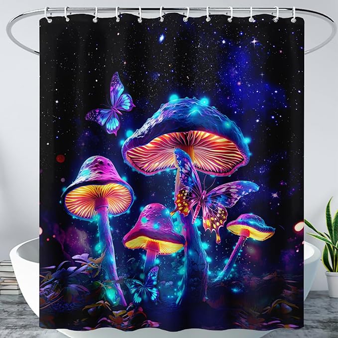 AILONEN Magic Mushroom Shower Curtain for Kids Girls,Glowing Mushrooms and Starry Night Waterproof Fabric Shower Curtain for Bathroom,Butterfly Plants Shower Curtain Set with Hooks,48" W*72" H