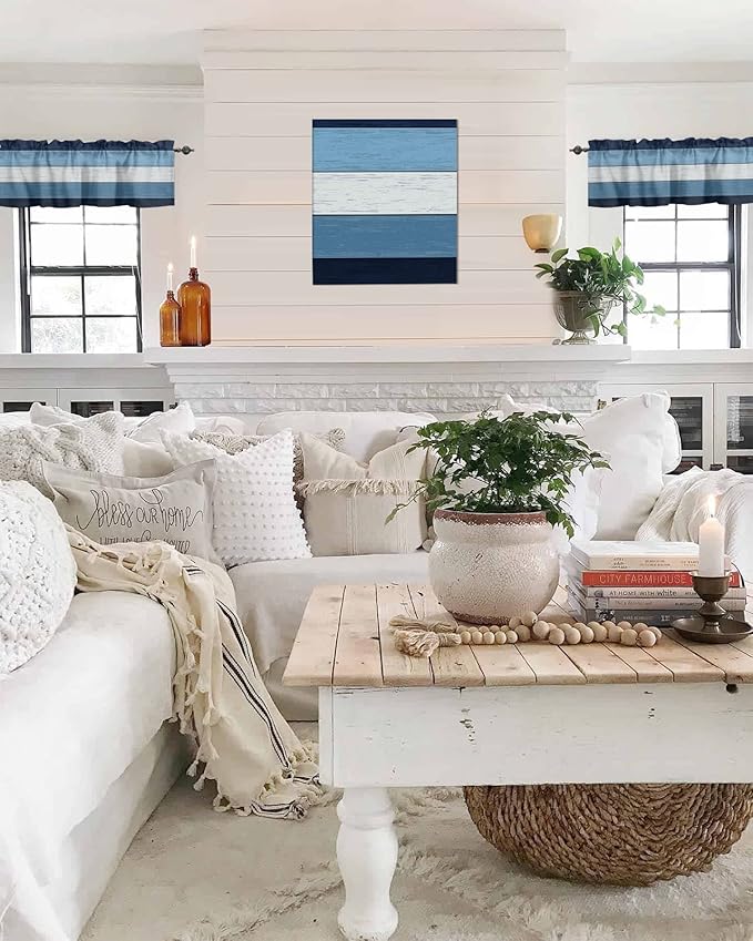 Farmhouse Kitchen Curtains Valances for Windows ,Navy Sky Blue White Rod Pocket Country Window Treatment for Kitchen /Living Room/Bedroom/ Bathroom,42" X 12" -1 Panel, Retro Rustic Barn Wood Texture