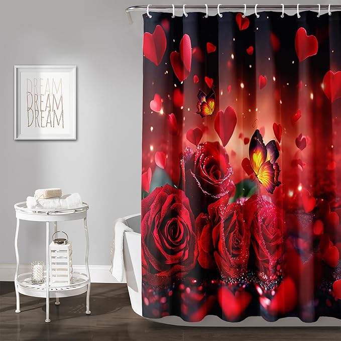 AILONEN 3D Rose Shower Curtain for Bathroom, Red Rose Hearts Print Bath Curtain,Romantic Rose Flower Shower Curtain Decoration Waterproof with 12 Plastic Hooks, 72" W*84" H