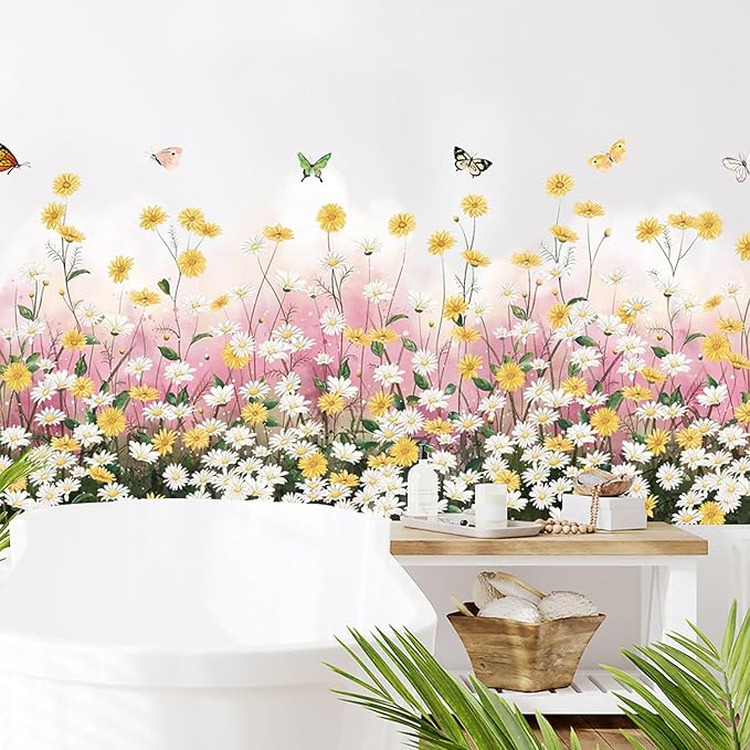 Daisy Flowers Wall Decal Chrysanthemum Butterfly Wall Sticker Removable Vinyl Garden Bouquet Wall Murals for Living Room Bedroom Kitchen Nursery Decors