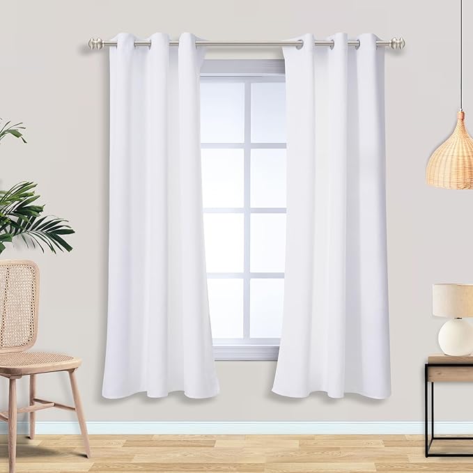 Mrs.Naturall White Curtains 63 Inch Length for Bedroom,Grommet Room Darkening 50% Black Out Semi Blackout Thermal Light Blocking Opaque Curtains for Nursery Girls