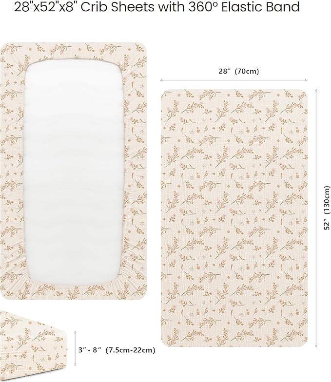 Konssy Muslin Fitted Crib Sheets 100% Cotton Baby Crib Sheets for Standard Crib Mattress (28 X 52 Inches), Soft and Breathable for Boy, Girl (Pink Floral)