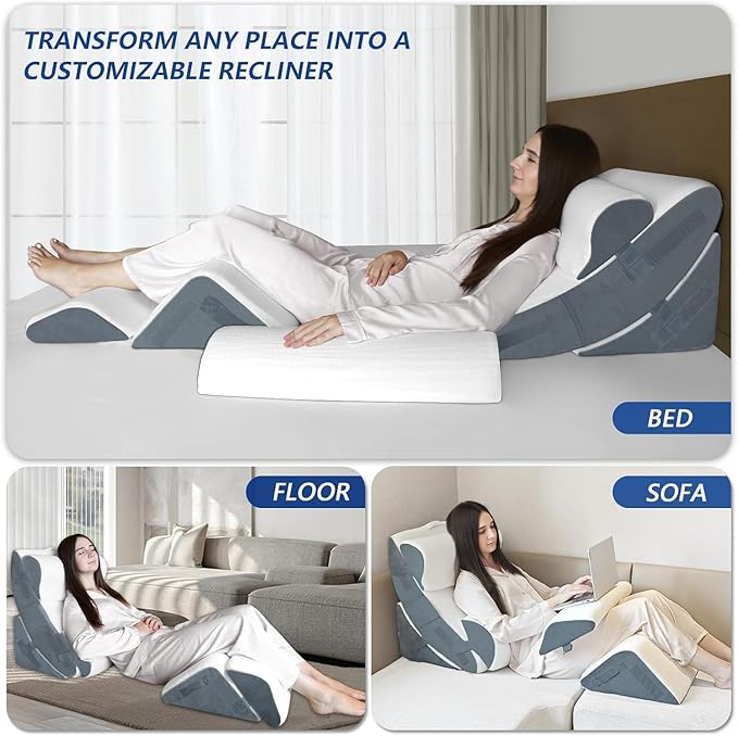 6PCS XL Orthopedic Bed Wedge Pillow for Sleeping, Gel Memory Foam Post Surgery Pillow Set for Back, Neck, Leg Support, Acid Reflux, Gerd, Anti Snoring, with Washable Cover & Travel Bag (White, 24'' W)