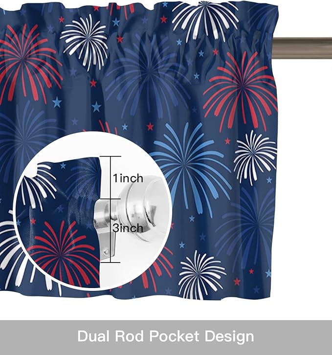 July 4th Kitchen Curtains Valances for Windows Fireworks Celebrate Patriotic Americana Stars Rod Pocket Window Treatment for Kitchen/Living Room/Bedroom/Bathroom, 60" X 18", Red, White and Blue