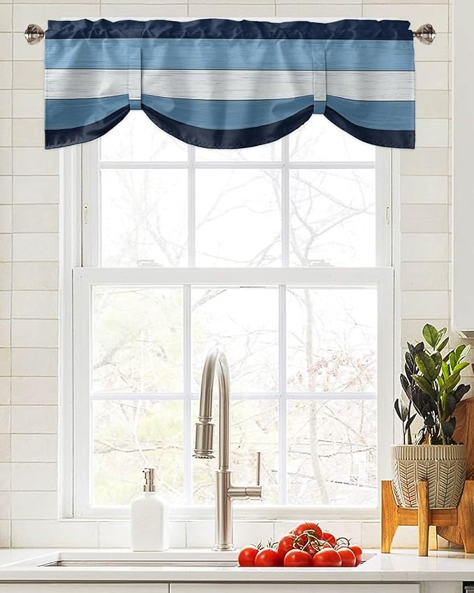 Farmhouse Blackout Tie Up Valance Curtains for Kitchen Windows,Navy Sky Blue White Window Toppers Balloon Shades for Living Room/Bathroom/Bedroom,1 Panel,54" X 18" Retro Rustic Barn Wood Texture
