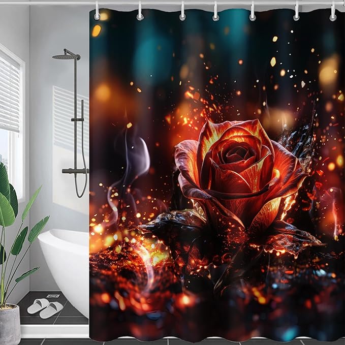 AILONEN 3D Rose Shower Curtain for Bathroom, Romantic Flame Smoky Rose Flower Bath Curtain,Burning Rose Shower Curtain Decoration Waterproof with 12 Plastic Hooks, 60" W*72" H