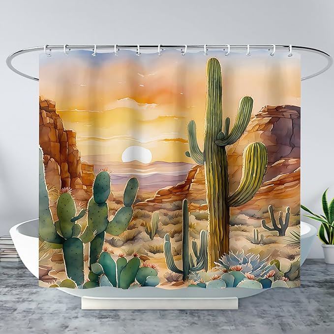 AILONEN Watercolor Cactus Shower Curtain,Orange Succulent Flower Waterproof Shower Curtains Set for Boys Kids Teens, 36" W*72" H Sunset Mountains Cactus Forest Shower Curtain