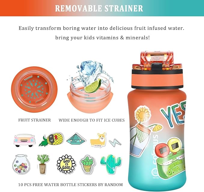 GOPPUS Kids Water Bottle with Straw Spout Lid 10pcs Stickers 12 oz Leak-proof BPA Free Motivational Time Marker Tritan Plastic Water Bottles for Girls Boys School Sports