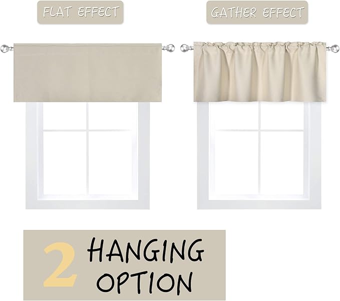 Beige Valance for Windows 52x18 Inch Solid Thermal Insulated Blackout Rod Pocket Kitchen Short Curtain Toppers Valance for Bathroom Living Room 1 Panel