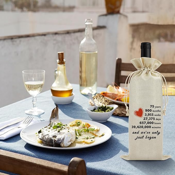 Sfodiary 75th Year Marriage Gift for Couple Wife Husband Wine Bag 75th Anniversary Wedding Gift for Women Men Wine Gift Bag Birthday Christmas Valentine Gift for Him Her Drawstring Wine Wrapping Bag